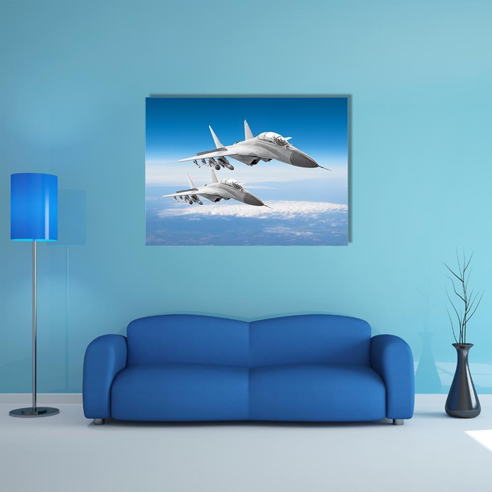 Two Fighter Jets in Formation Canvas Wall Art in white, gray and blue, single panel hung on a wall