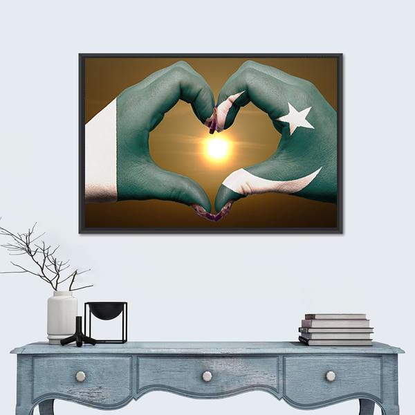 Hands Forming Heart Over Pakistani Flag Canvas Wall Art in white, brown and green, framed canvas, product view on a white background