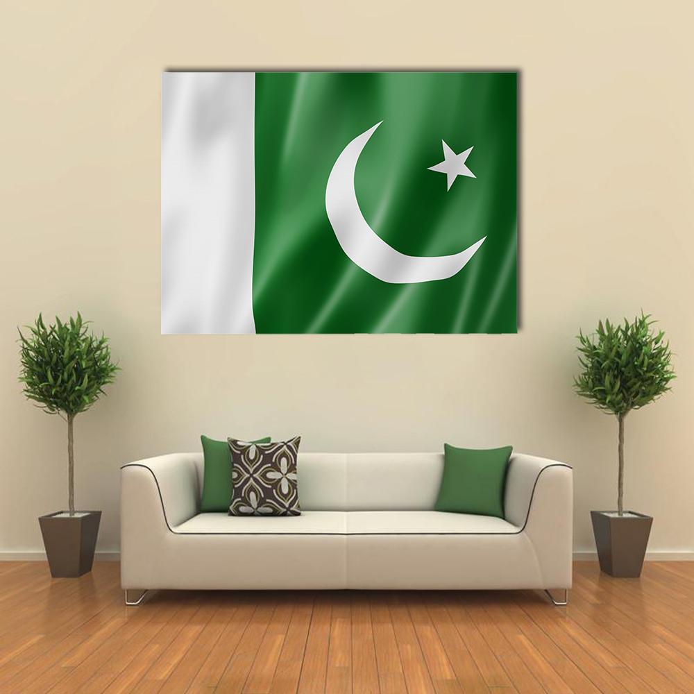 Waving Flag of Pakistan Canvas Wall Art in white and green, single panel hung on a wall