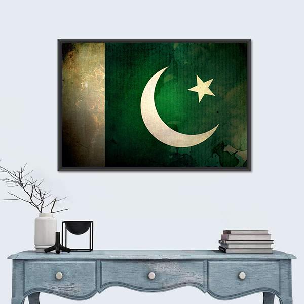 Pakistan Flag with Grunge Texture Canvas Wall Art in white and green, framed canvas, product view on a white background