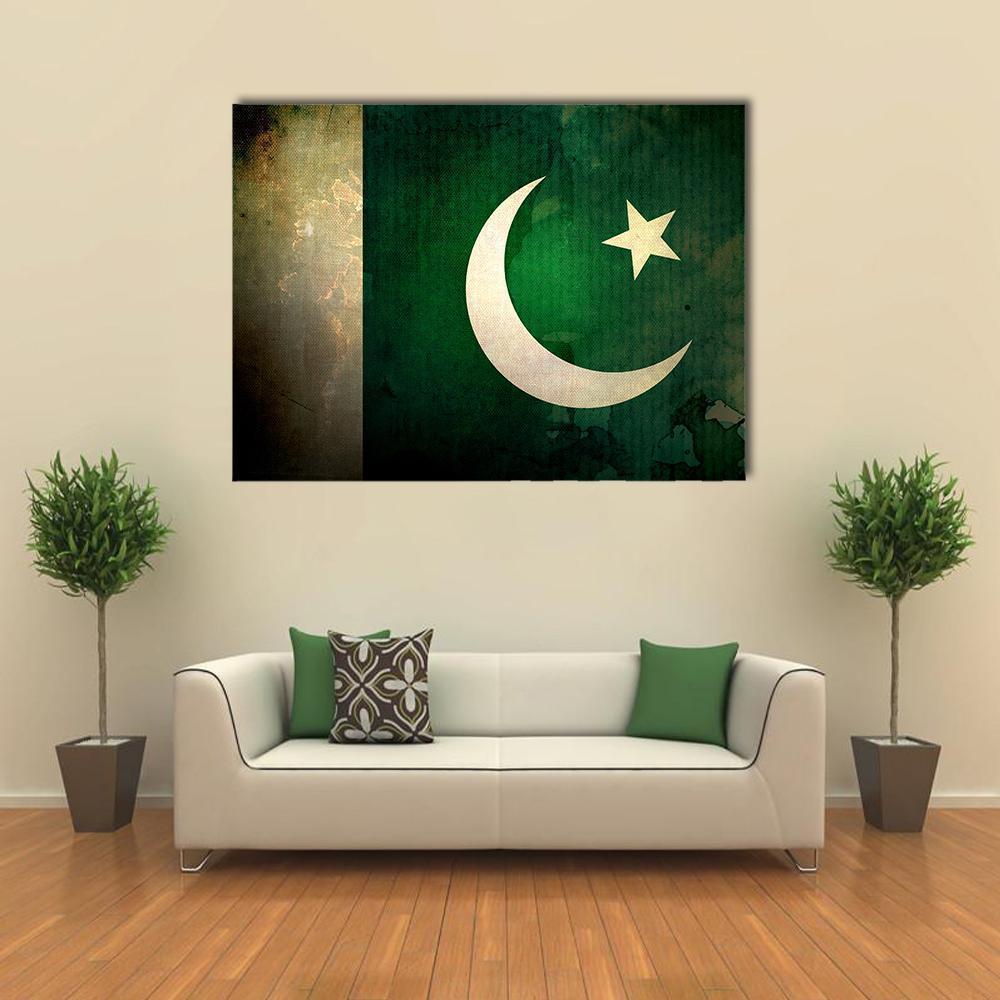 Pakistan Flag with Grunge Texture Canvas Wall Art in white and green, single panel hung on a wall