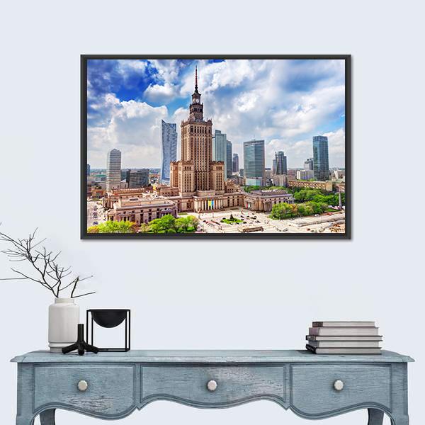 Palace Of Culture And Science Canvas Wall Art-1 Piece-Floating Frame-24" x 16"-Tiaracle