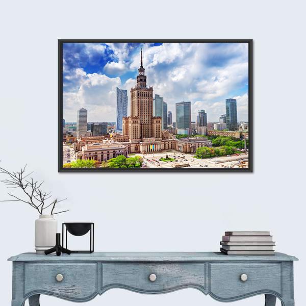 Palace Of Culture And Science Canvas Wall Art-1 Piece-Floating Frame-24" x 16"-Tiaracle