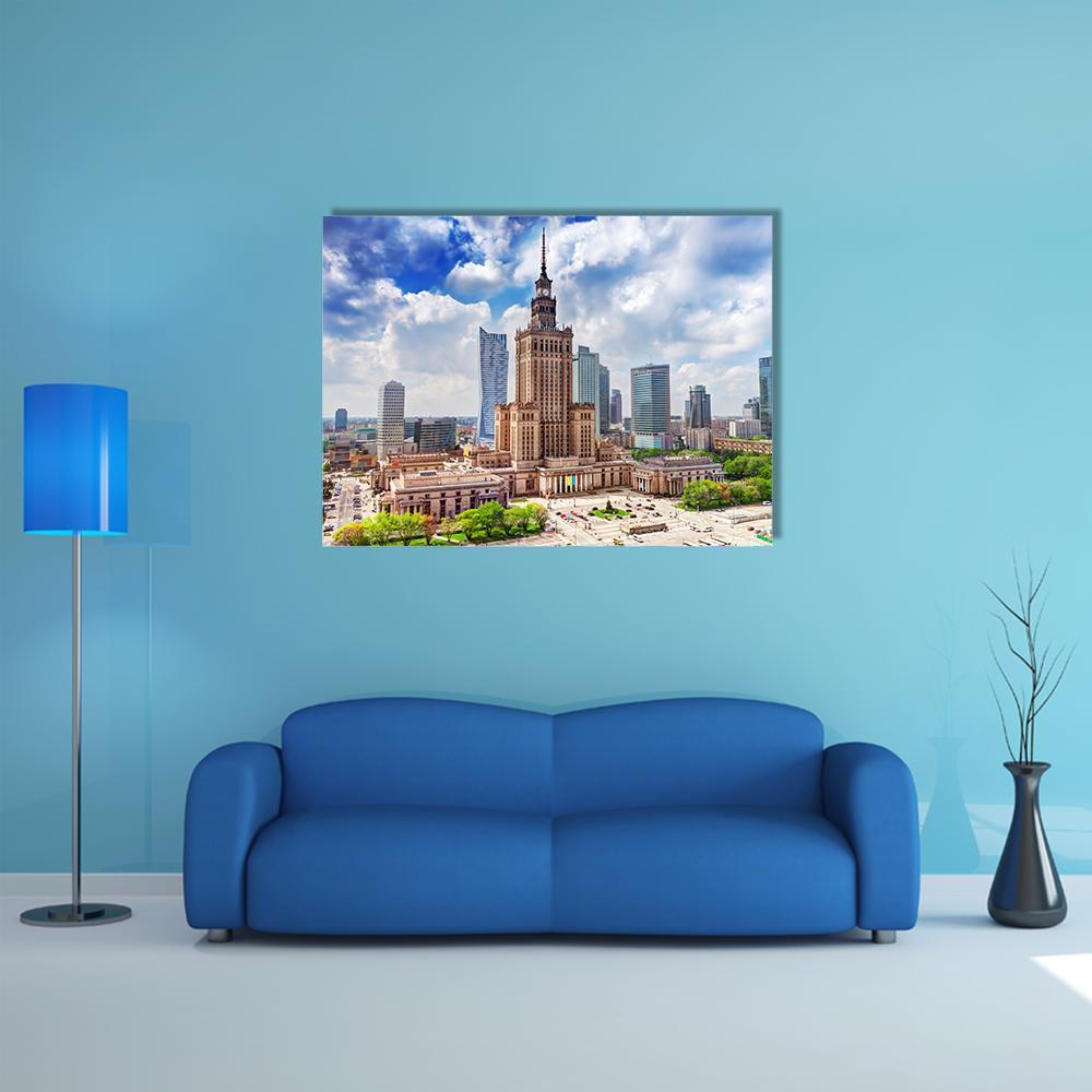 Palace of Culture and Science, Warsaw Skyline Canvas Wall Art in white, beige and blue, single panel hung on a wall