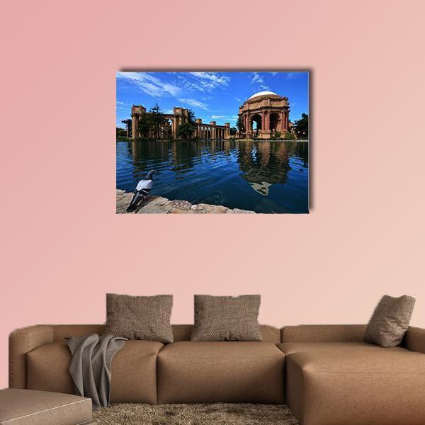 Palace with Domed Roof and Water Reflection Canvas Wall Art in brown and blue, single panel hung on a wall