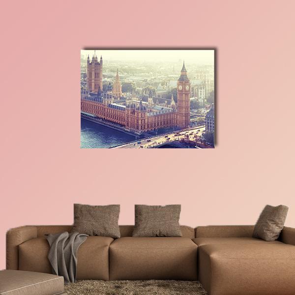 Palace of Westminster Canvas Wall Art in beige, brown and blue, single panel hung on a wall