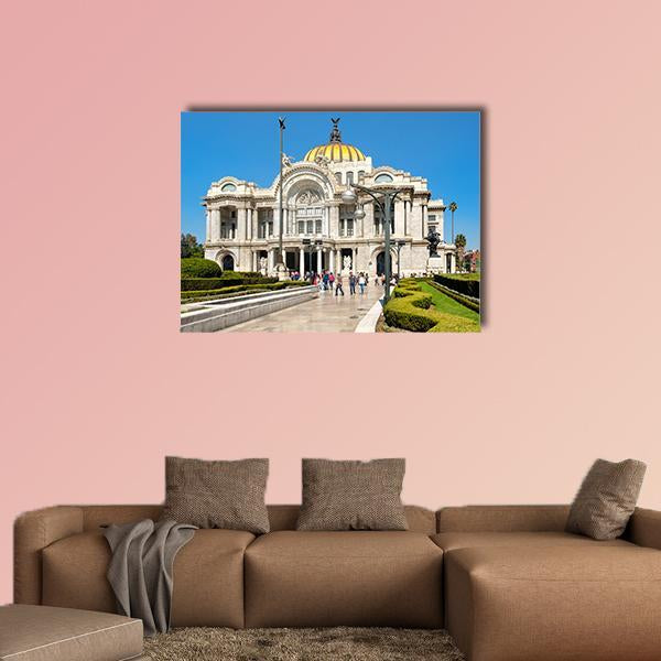 Palacio De Bellas Artes with Golden Dome Canvas Wall Art in white, gold and blue, single panel hung on a wall