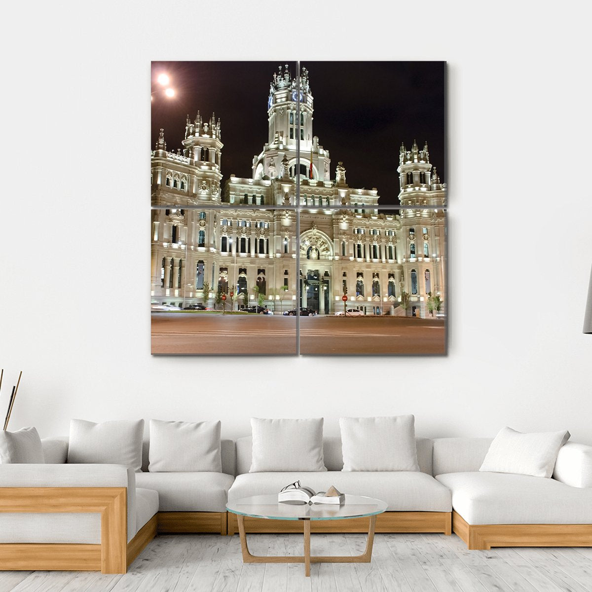 Palacio de Cibeles At Night Canvas Wall Art-4 Square-Gallery Wrap-17" x 17"-Tiaracle