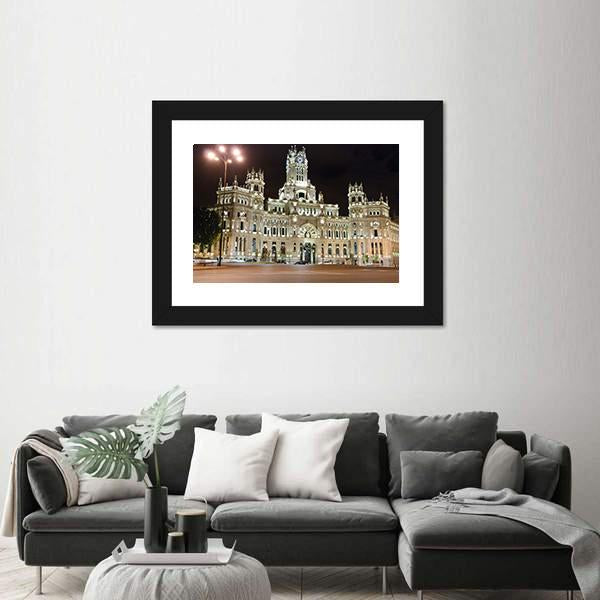 Palacio de Cibeles At Night Canvas Wall Art-1 Piece-Framed Print-20" x 16"-Tiaracle