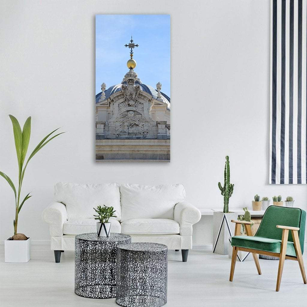 Cathedral Dome with Golden Orb and Iron Cross Vertical Canvas Wall Art in gray, beige and blue, single vertical panel hung on a wall