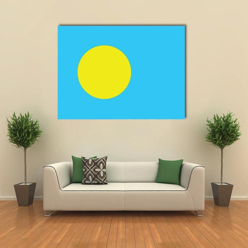 Palau Flag with Centered Yellow Disc Canvas Wall Art in yellow and blue, single panel hung on a wall
