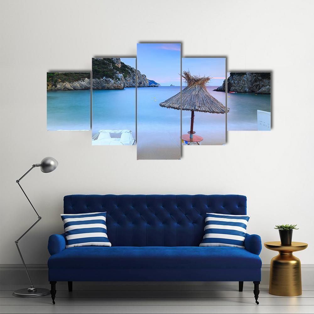 Paleokastritsa Sand Beach Canvas Wall Art-5 Star-Gallery Wrap-62" x 32"-Tiaracle