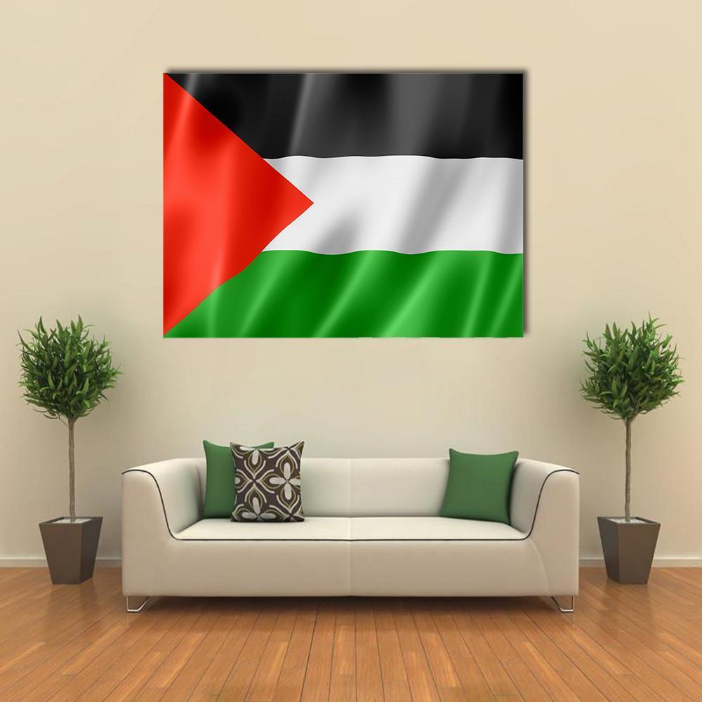 Waving Palestinian Flag Canvas Wall Art in black, red and green, 5 panel Pop layout hung on a wall