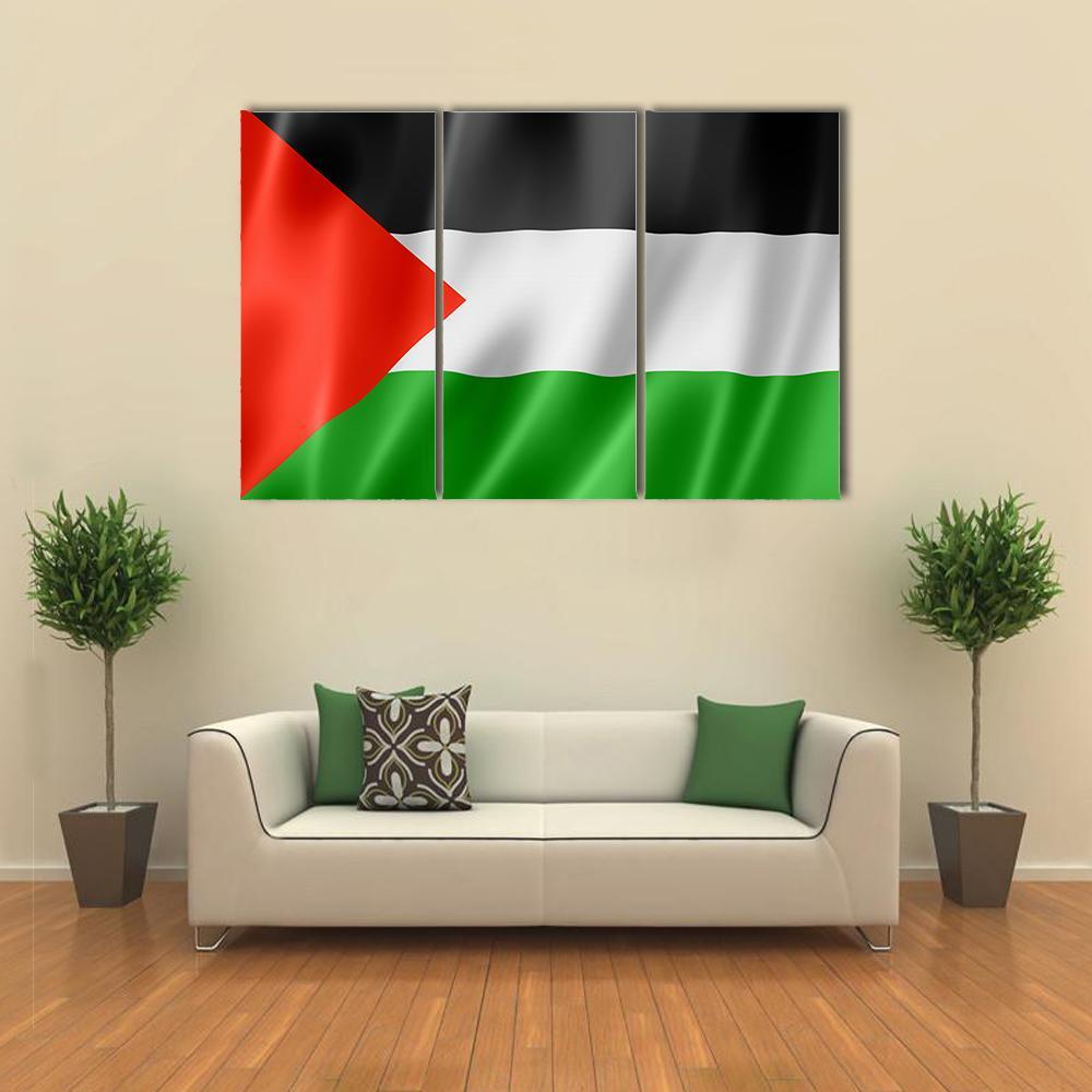Waving Palestinian Flag Canvas Wall Art in black, red and green, 5 panel Pop layout hung on a wall