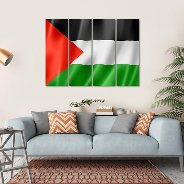 Waving Palestinian Flag Canvas Wall Art in black, red and green, hung on a wall