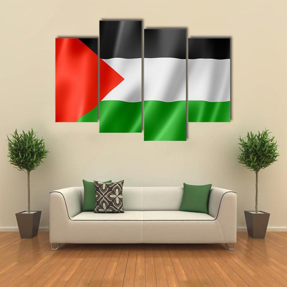 Waving Palestinian Flag Canvas Wall Art in black, red and green, 5 panel Pop layout hung on a wall