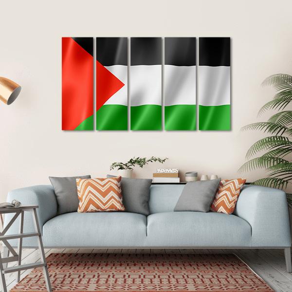 Waving Palestinian Flag Canvas Wall Art in black, red and green, hung on a wall