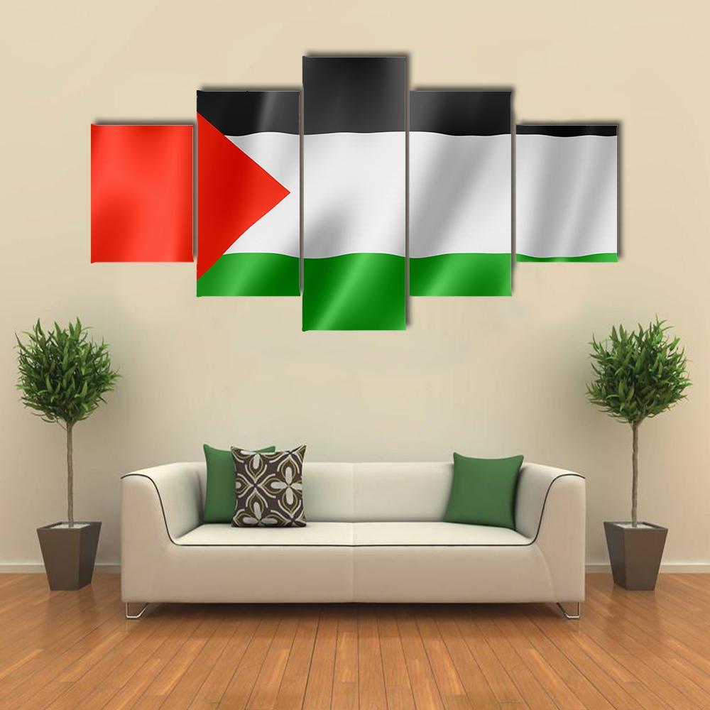 Waving Palestinian Flag Canvas Wall Art in black, red and green, 5 panel Star layout hung on a wall