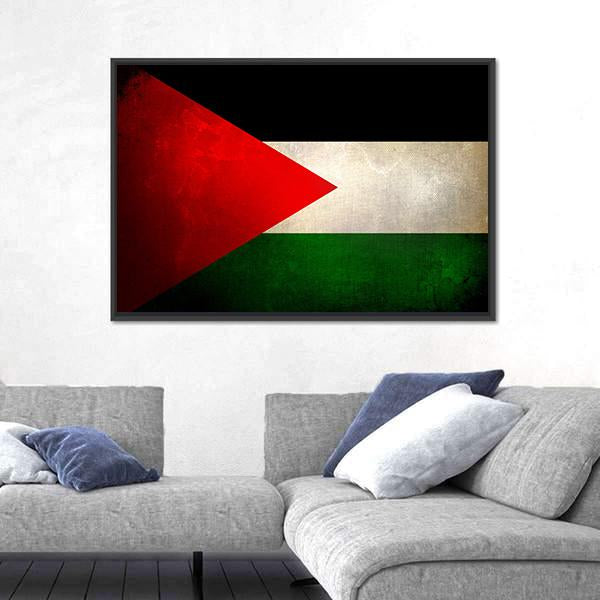 Grunge Palestine Flag Canvas Wall Art in black, red and green, framed canvas, product view on a white background