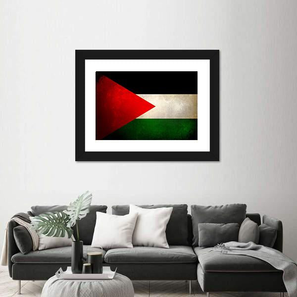 Grunge Palestine Flag Canvas Wall Art in black, red and green, 3 panel horizontal set hung on a wall