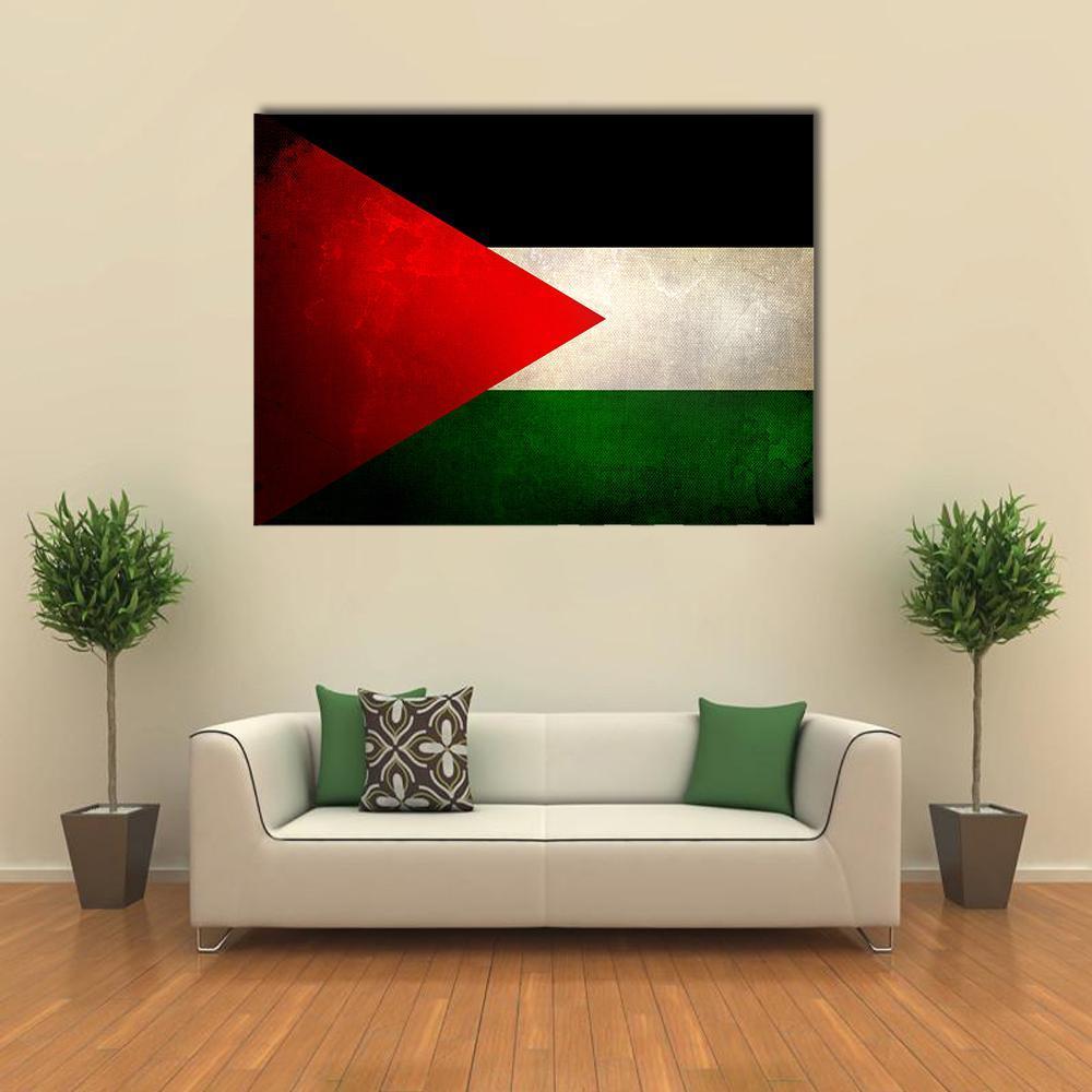 Grunge Palestine Flag Canvas Wall Art in black, red and green, 3 panel horizontal set hung on a wall