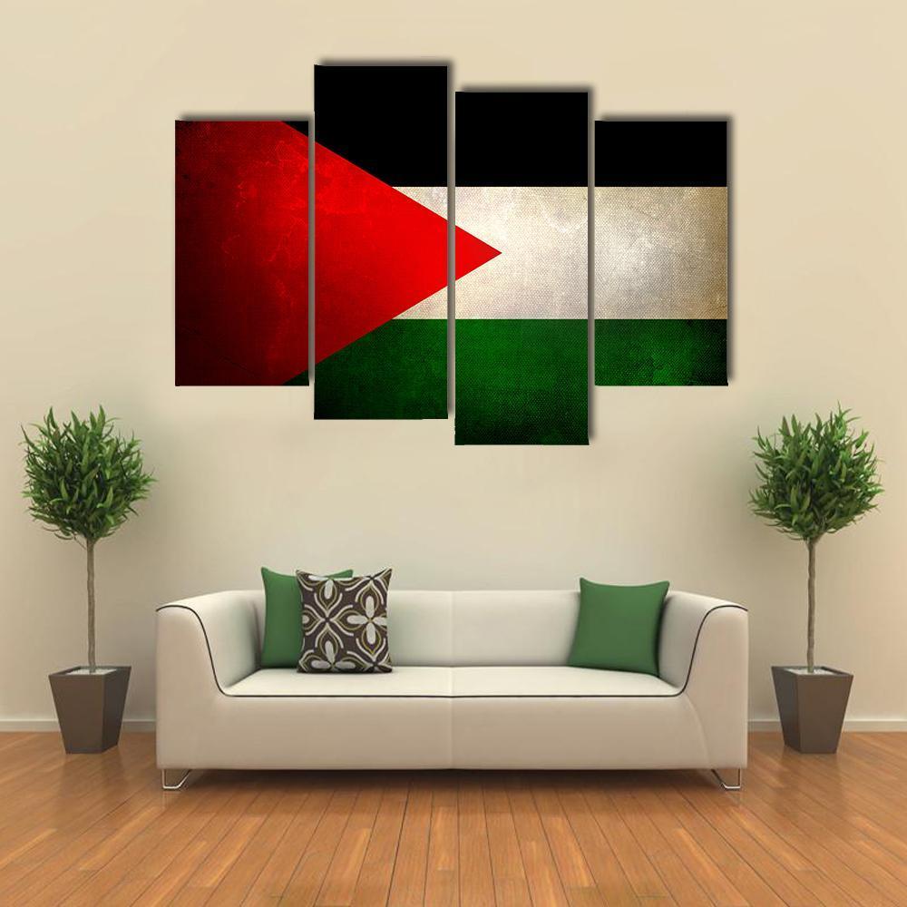 Grunge Palestine Flag Canvas Wall Art in black, red and green, 4 panel Pop layout hung on a wall