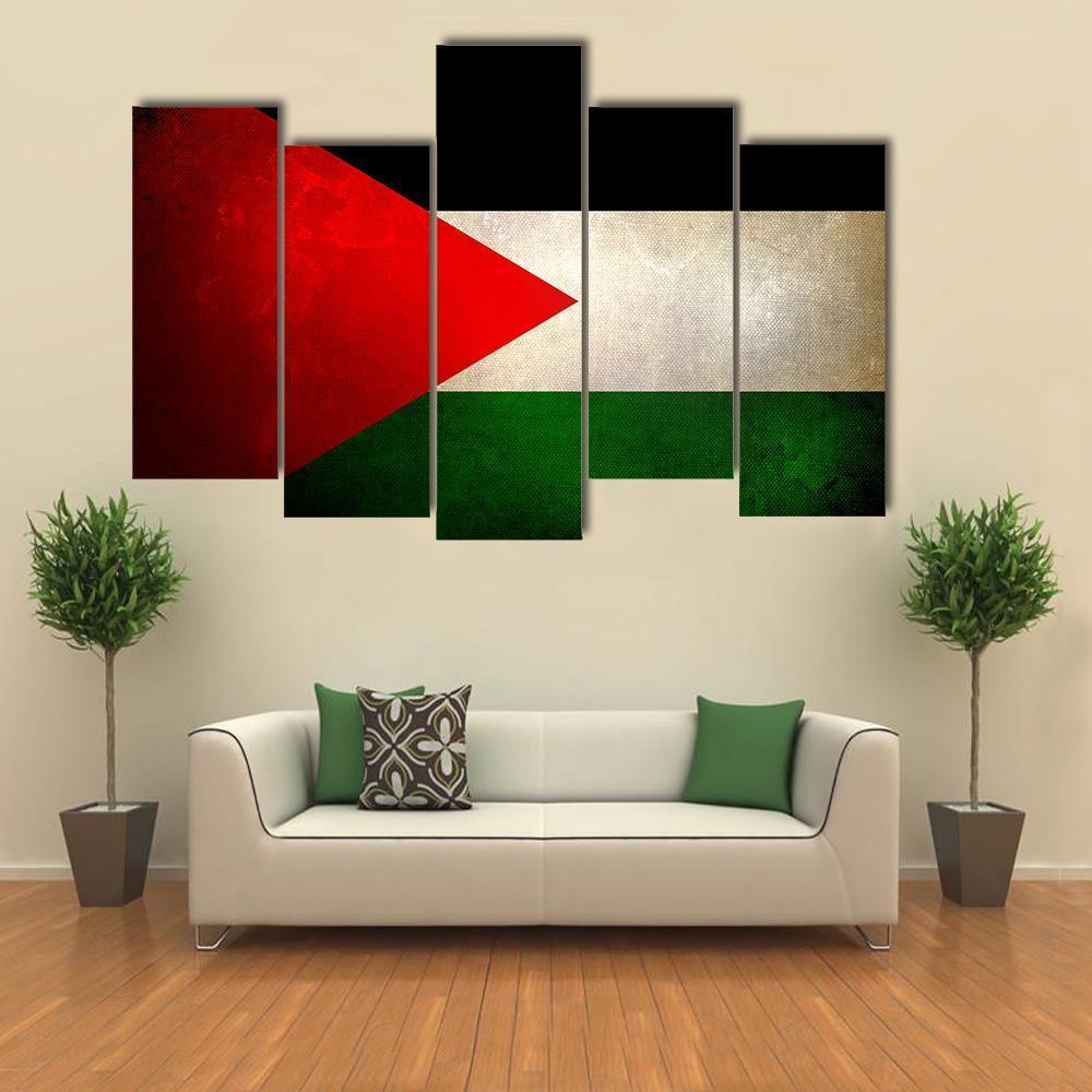 Grunge Palestine Flag Canvas Wall Art in black, red and green, 3 panel horizontal set hung on a wall