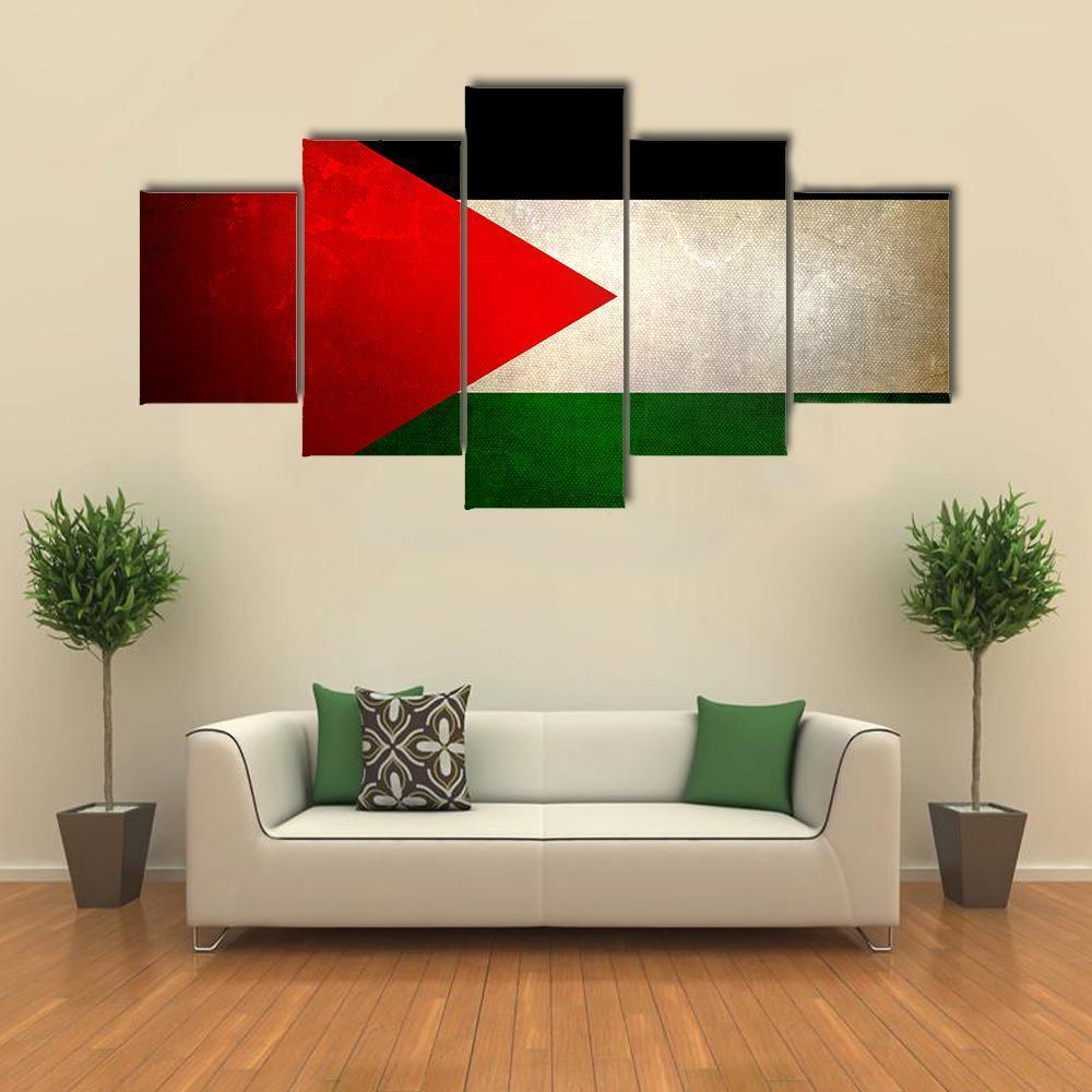 Grunge Palestine Flag Canvas Wall Art in black, red and green, 3 panel horizontal set hung on a wall
