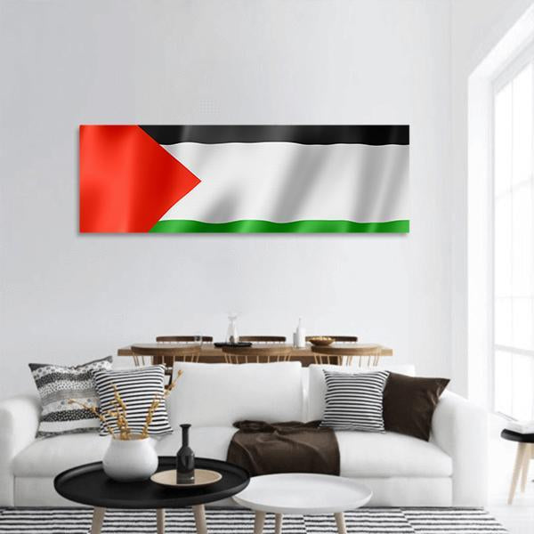 Waving Palestinian Flag Panoramic Canvas Wall Art in black, white and red, hung on a wall