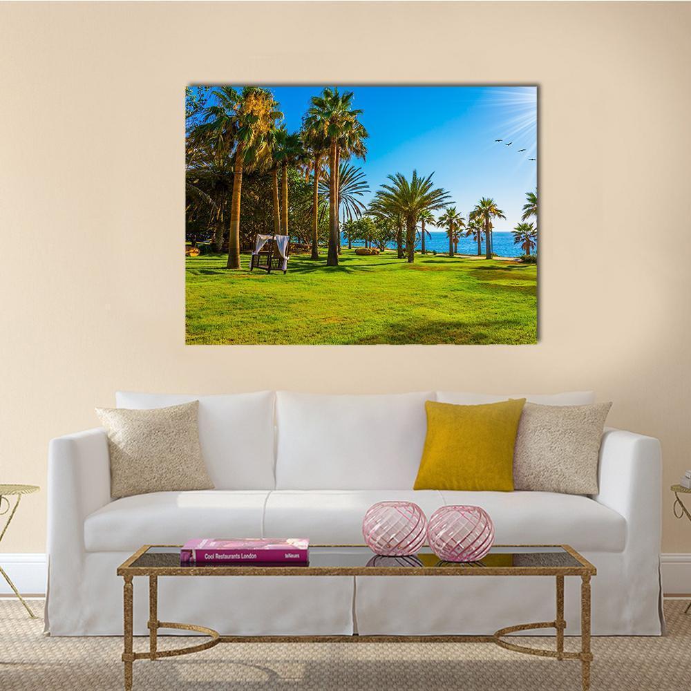 Palm Grove &amp; Green Grass Lawn Canvas Wall Art-1 Piece-Gallery Wrap-48" x 32"-Tiaracle