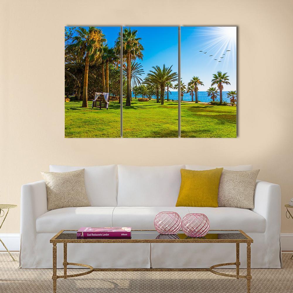 Palm Grove &amp; Green Grass Lawn Canvas Wall Art-3 Horizontal-Gallery Wrap-37" x 24"-Tiaracle