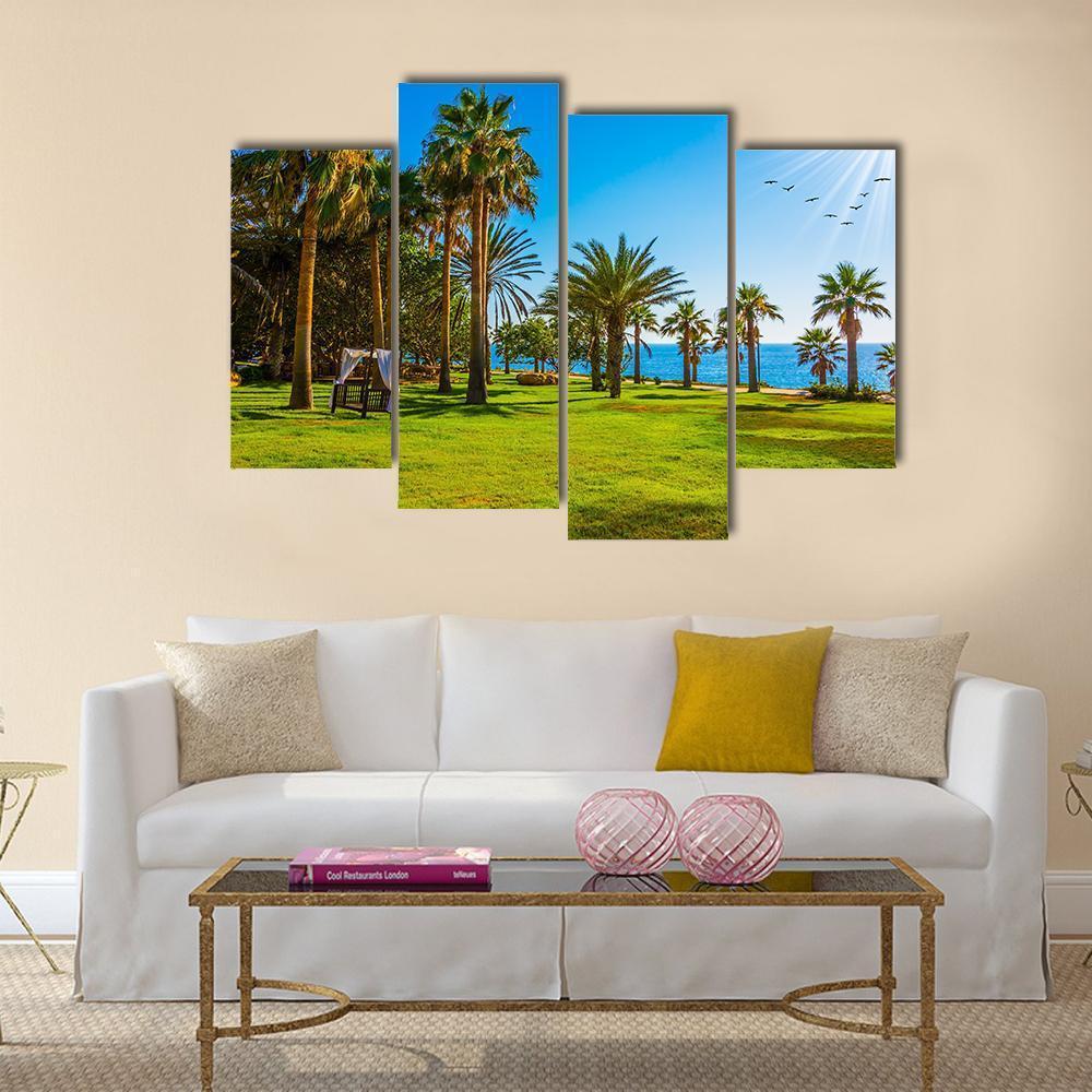 Palm Grove &amp; Green Grass Lawn Canvas Wall Art-4 Pop-Gallery Wrap-50" x 32"-Tiaracle