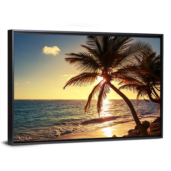Palm Tree On Tropical Beach Canvas Wall Art-3 Horizontal-Gallery Wrap-25" x 16"-Tiaracle