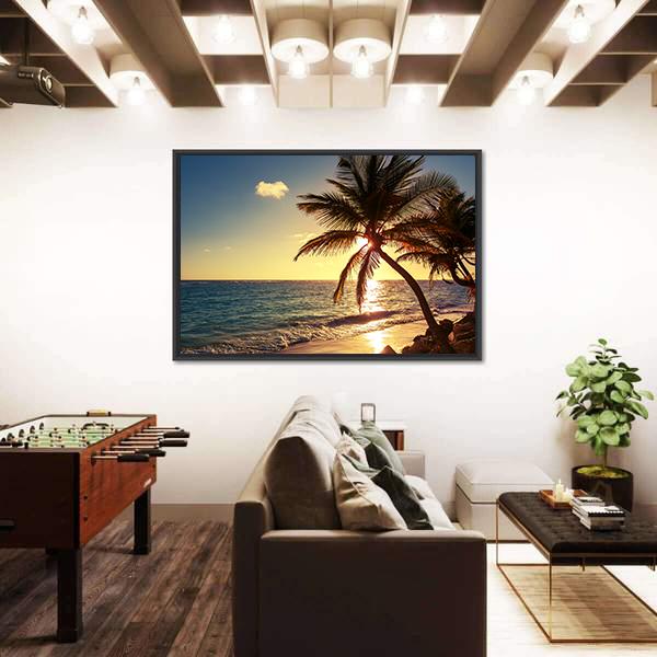 Palm Tree On Tropical Beach Canvas Wall Art-3 Horizontal-Gallery Wrap-25" x 16"-Tiaracle