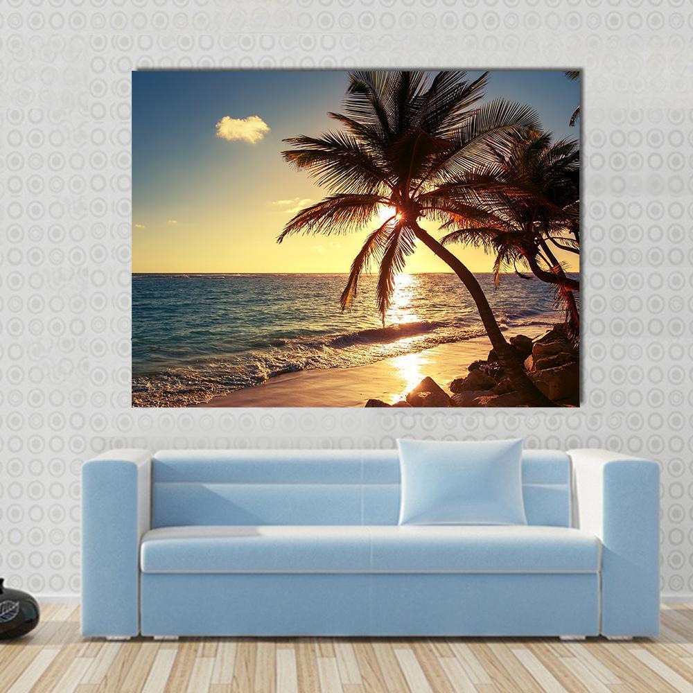 Palm Tree On Tropical Beach Canvas Wall Art-1 Piece-Gallery Wrap-48" x 32"-Tiaracle