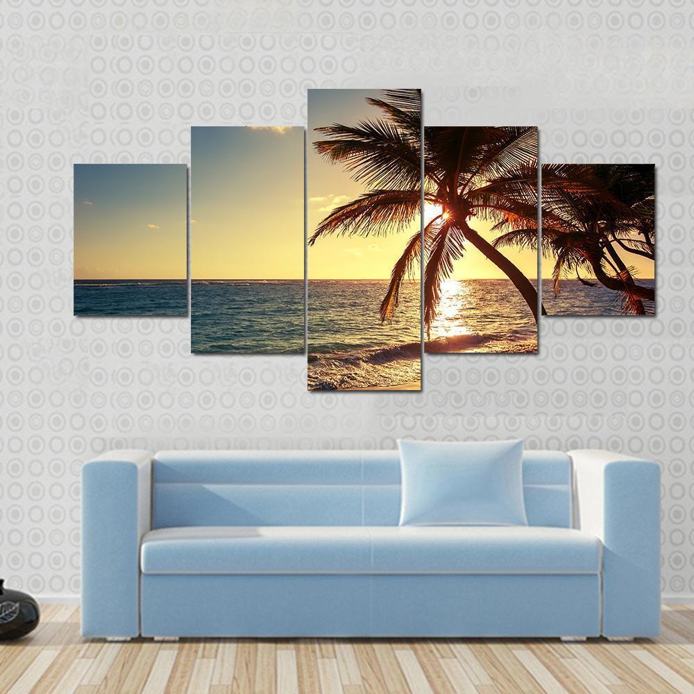 Palm Tree On Tropical Beach Canvas Wall Art-5 Star-Gallery Wrap-62" x 32"-Tiaracle