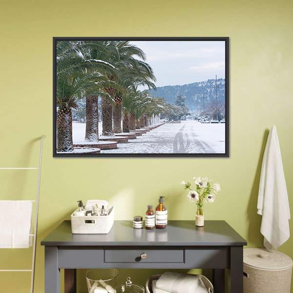 Palm Trees Covered With Snow Canvas Wall Art-1 Piece-Floating Frame-24" x 16"-Tiaracle