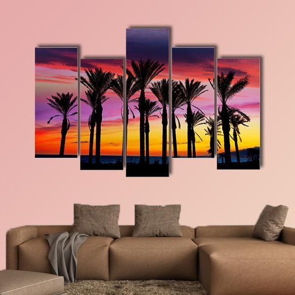 Palm Trees In Retamar Beach At Spain Canvas Wall Art-5 Pop-Gallery Wrap-47&quot; x 32&quot;-Tiaracle
