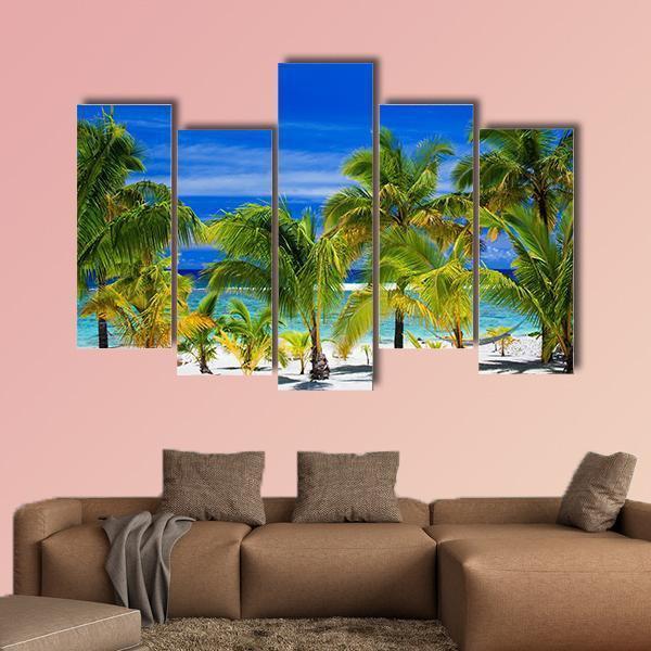 Palm Trees On A Tropical Beach Canvas Wall Art-5 Pop-Gallery Wrap-47" x 32"-Tiaracle