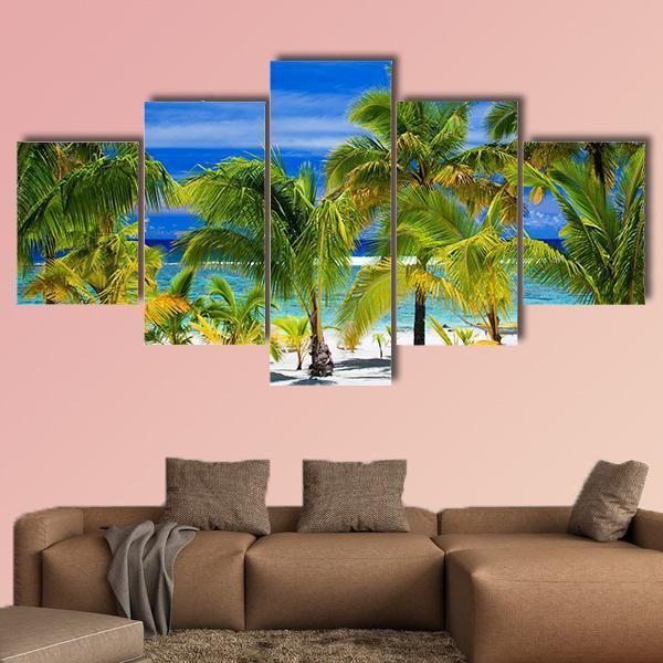 Palm Trees On A Tropical Beach Canvas Wall Art-5 Star-Gallery Wrap-62" x 32"-Tiaracle