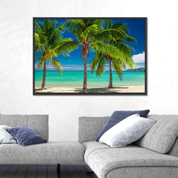 Palm Trees Over Blue Lagoon In Fiji Islands Canvas Wall Art-3 Horizontal-Gallery Wrap-25" x 16"-Tiaracle