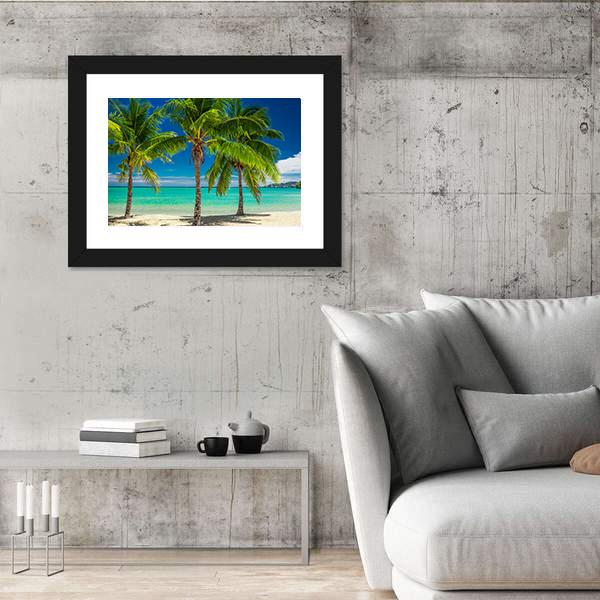 Palm Trees Over Blue Lagoon In Fiji Islands Canvas Wall Art-3 Horizontal-Gallery Wrap-25" x 16"-Tiaracle