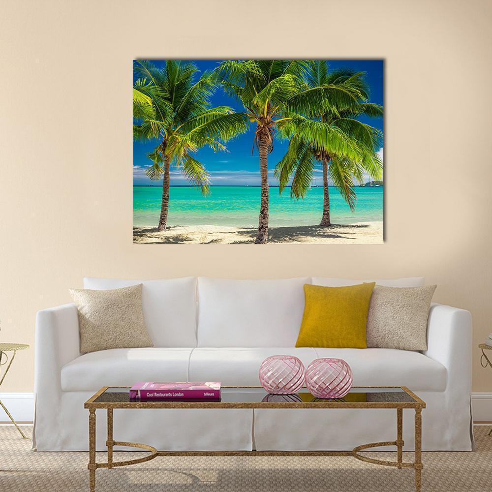 Palm Trees Over Blue Lagoon In Fiji Islands Canvas Wall Art-4 Pop-Gallery Wrap-50" x 32"-Tiaracle