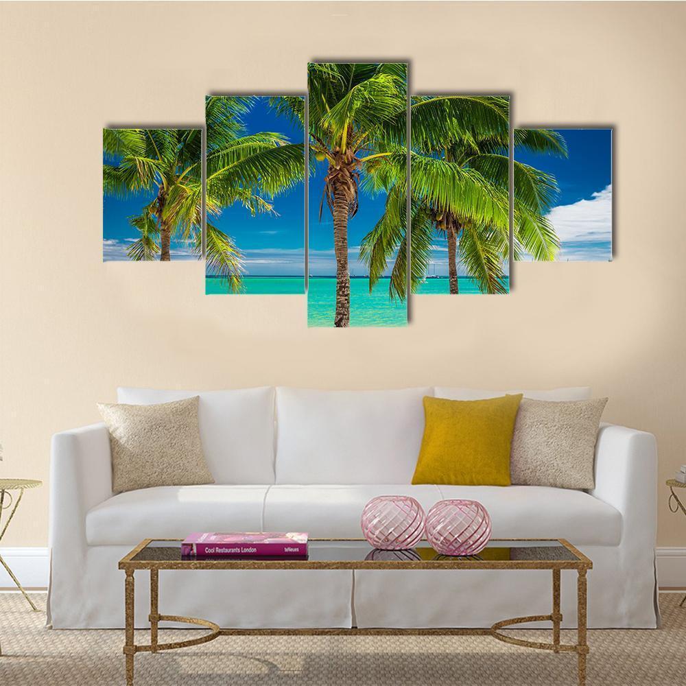 Palm Trees Over Blue Lagoon In Fiji Islands Canvas Wall Art-5 Star-Gallery Wrap-62&quot; x 32&quot;-Tiaracle