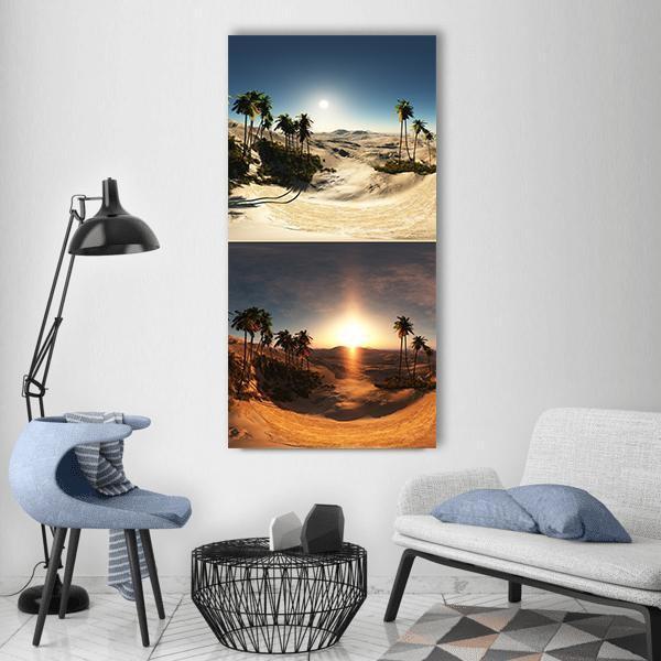 Sunlit Desert Palms Vertical Canvas Wall Art in beige, orange and blue, single vertical panel hung on a wall