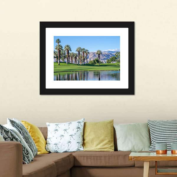 Palms Reflecting in Water Canvas Wall Art in brown, green and blue, framed print, product view on a white background