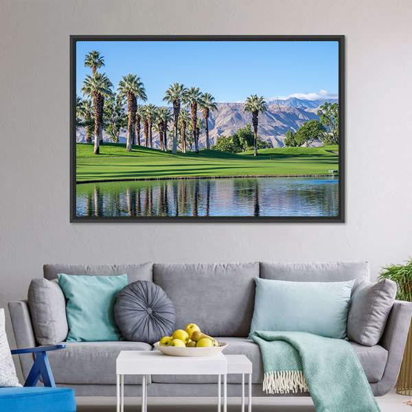 Palms Reflecting in Water Canvas Wall Art in brown, green and blue, framed canvas, product view on a white background