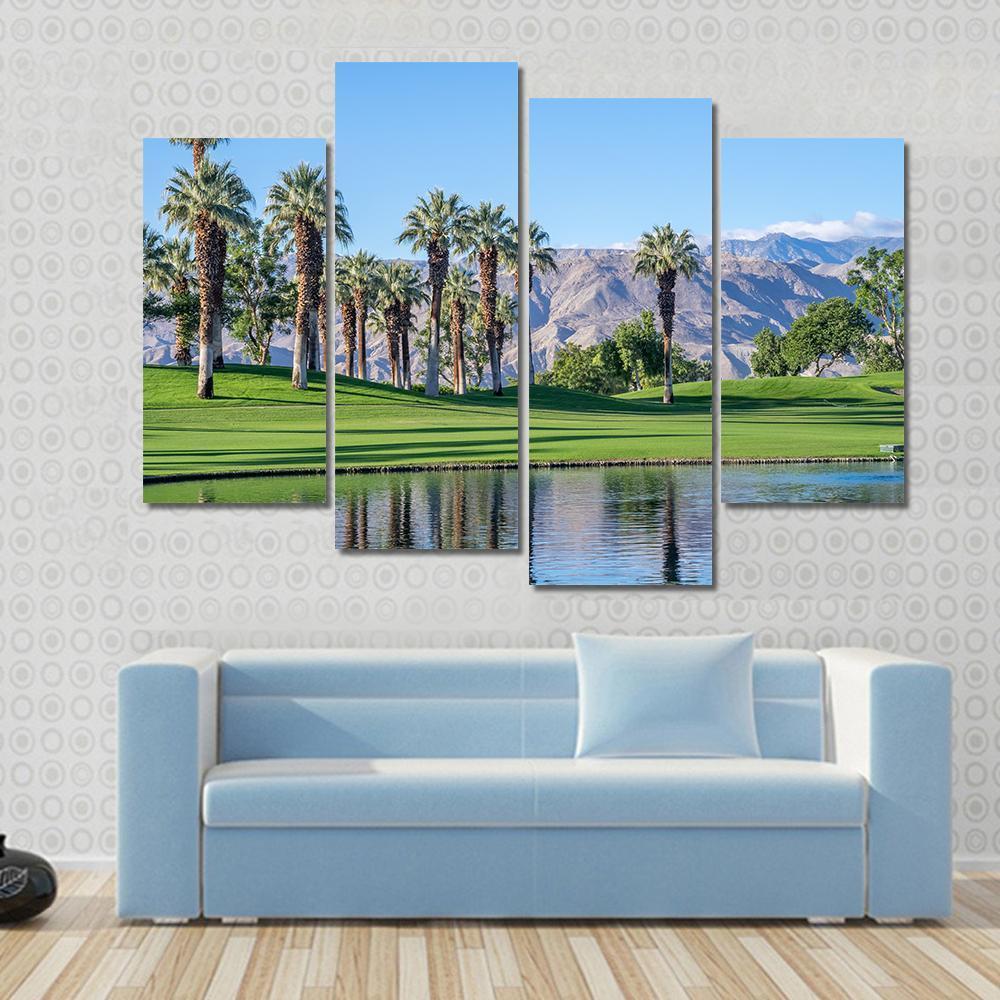 Palms Reflecting in Water Canvas Wall Art in brown, green and blue, 4 panel Pop layout hung on a wall