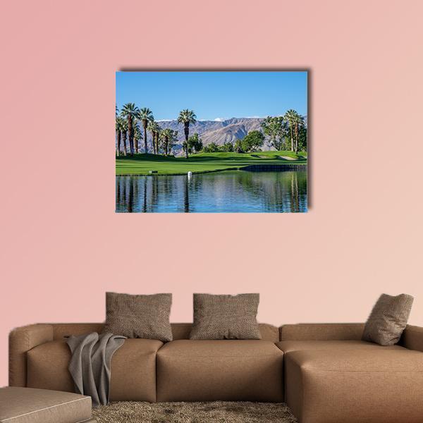 Golf Course in Palm Desert Canvas Wall Art in brown, green and blue, single panel hung on a wall