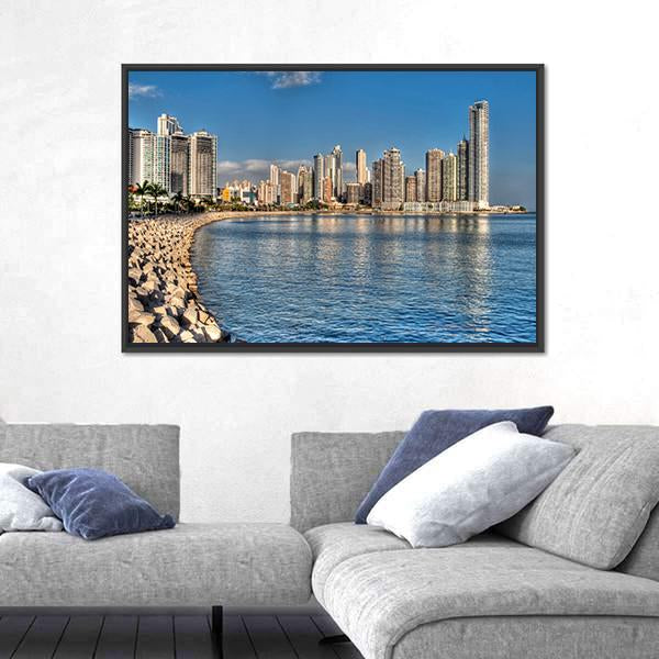 Panama City Skyline &amp; Bay Canvas Wall Art-1 Piece-Floating Frame-24" x 16"-Tiaracle